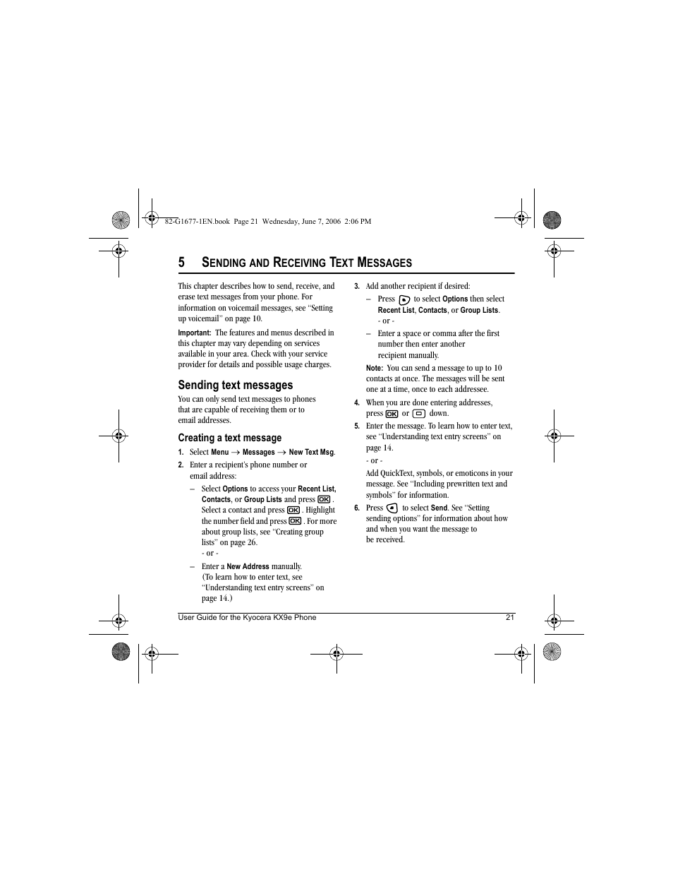 Sending text messages | Kyocera KX9e User Manual | Page 29 / 64