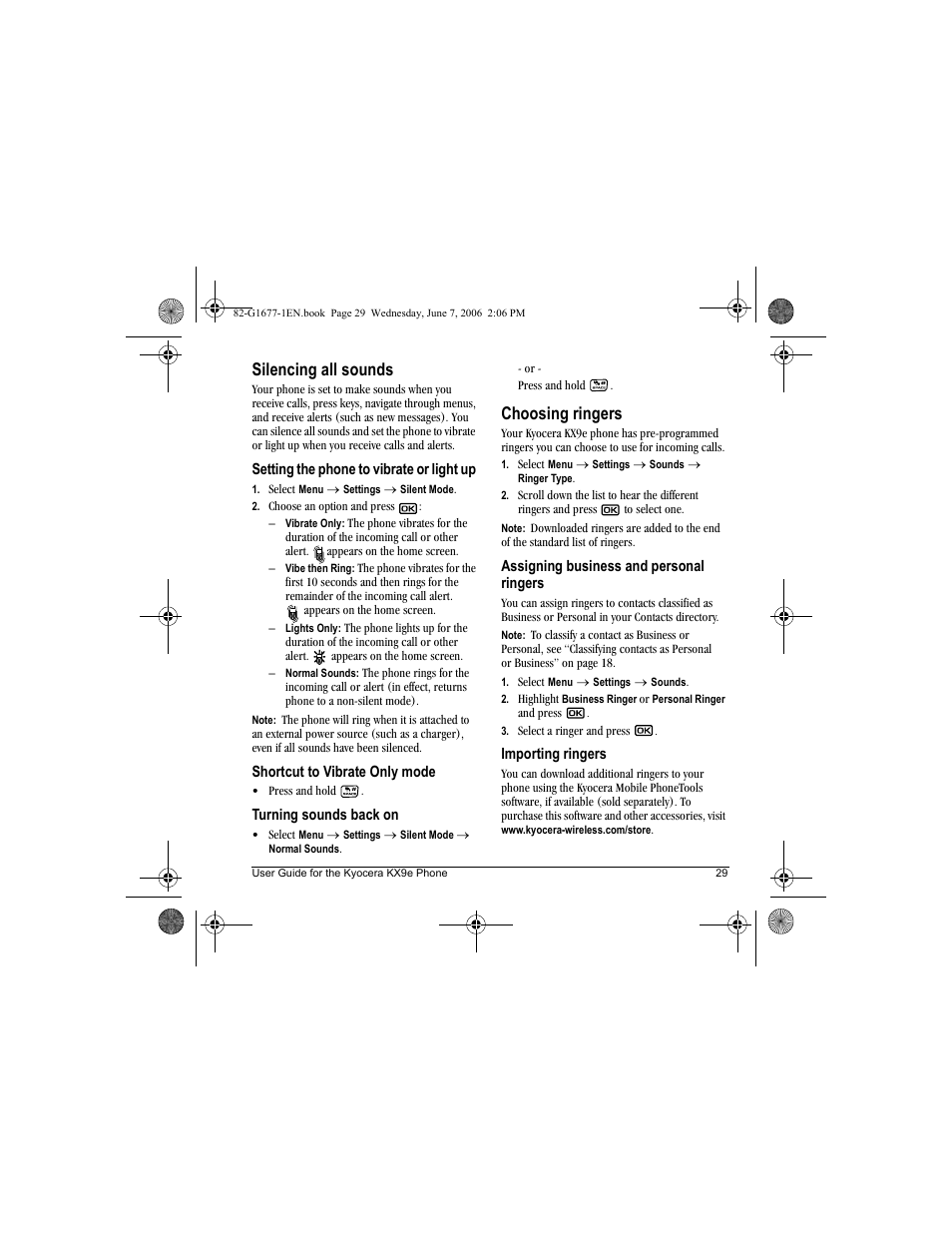 Silencing all sounds, Choosing ringers | Kyocera KX9e User Manual | Page 37 / 64