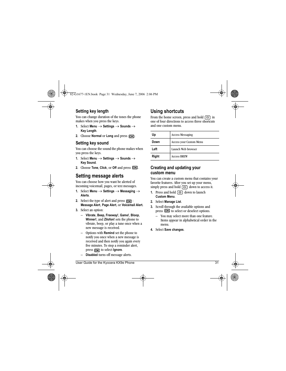 Setting message alerts, Using shortcuts | Kyocera KX9e User Manual | Page 39 / 64