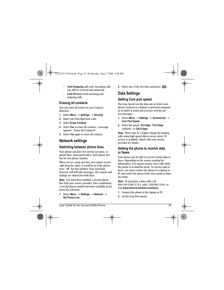 Network settings, Data settings | Kyocera KX9e User Manual | Page 43 / 64