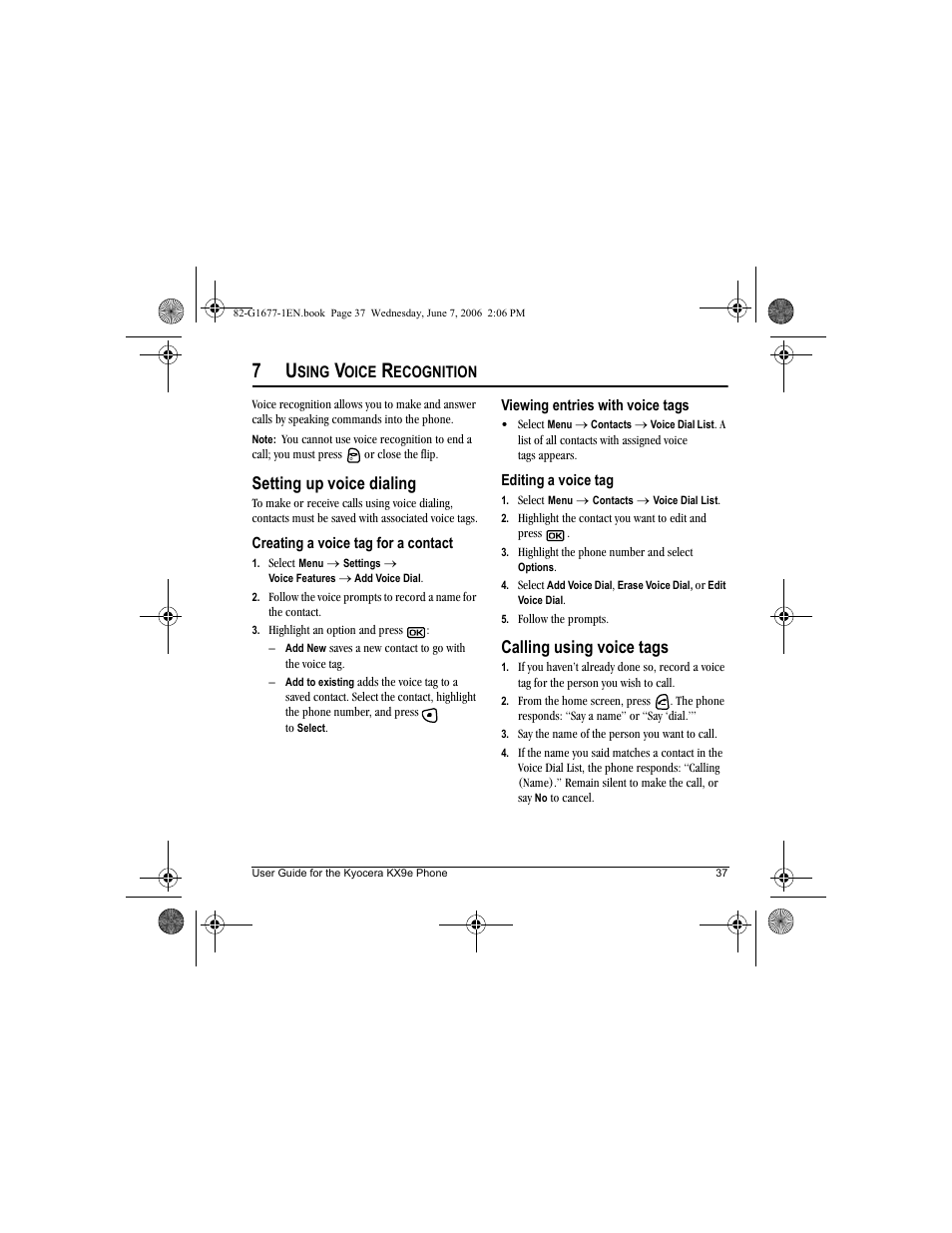 Setting up voice dialing, Calling using voice tags | Kyocera KX9e User Manual | Page 45 / 64