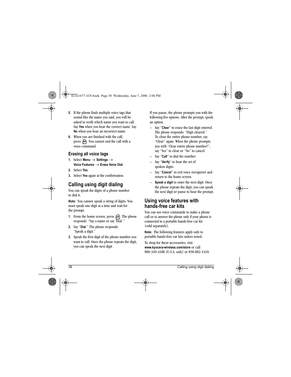 Calling using digit dialing, Using voice features with hands-free car kits | Kyocera KX9e User Manual | Page 46 / 64
