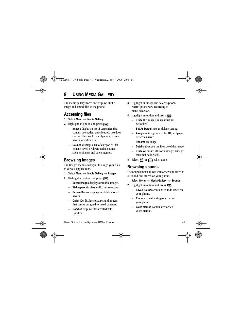 Accessing files, Browsing images, Browsing sounds | Kyocera KX9e User Manual | Page 49 / 64