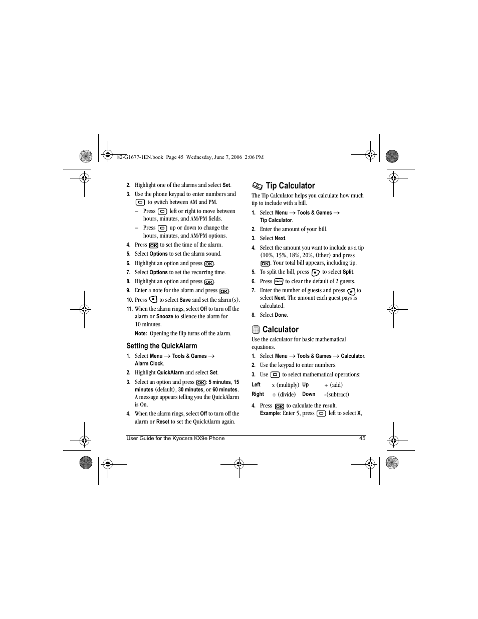 Tip calculator, Calculator | Kyocera KX9e User Manual | Page 53 / 64