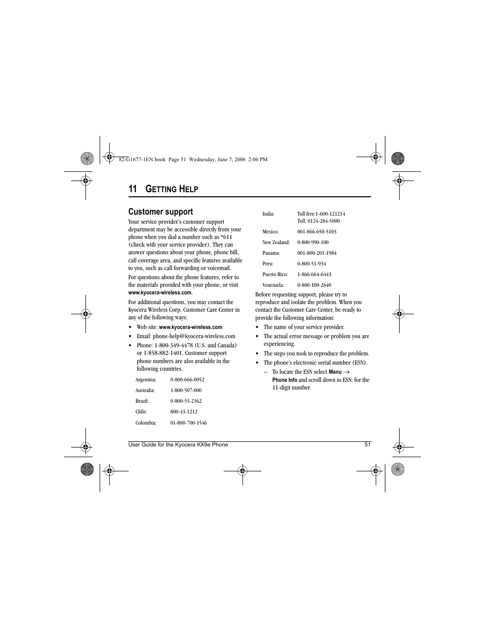 11 g, Customer support, Etting | Kyocera KX9e User Manual | Page 59 / 64
