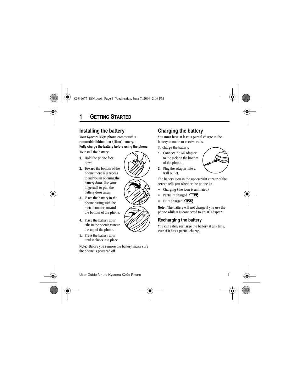 Installing the battery, Charging the battery | Kyocera KX9e User Manual | Page 9 / 64