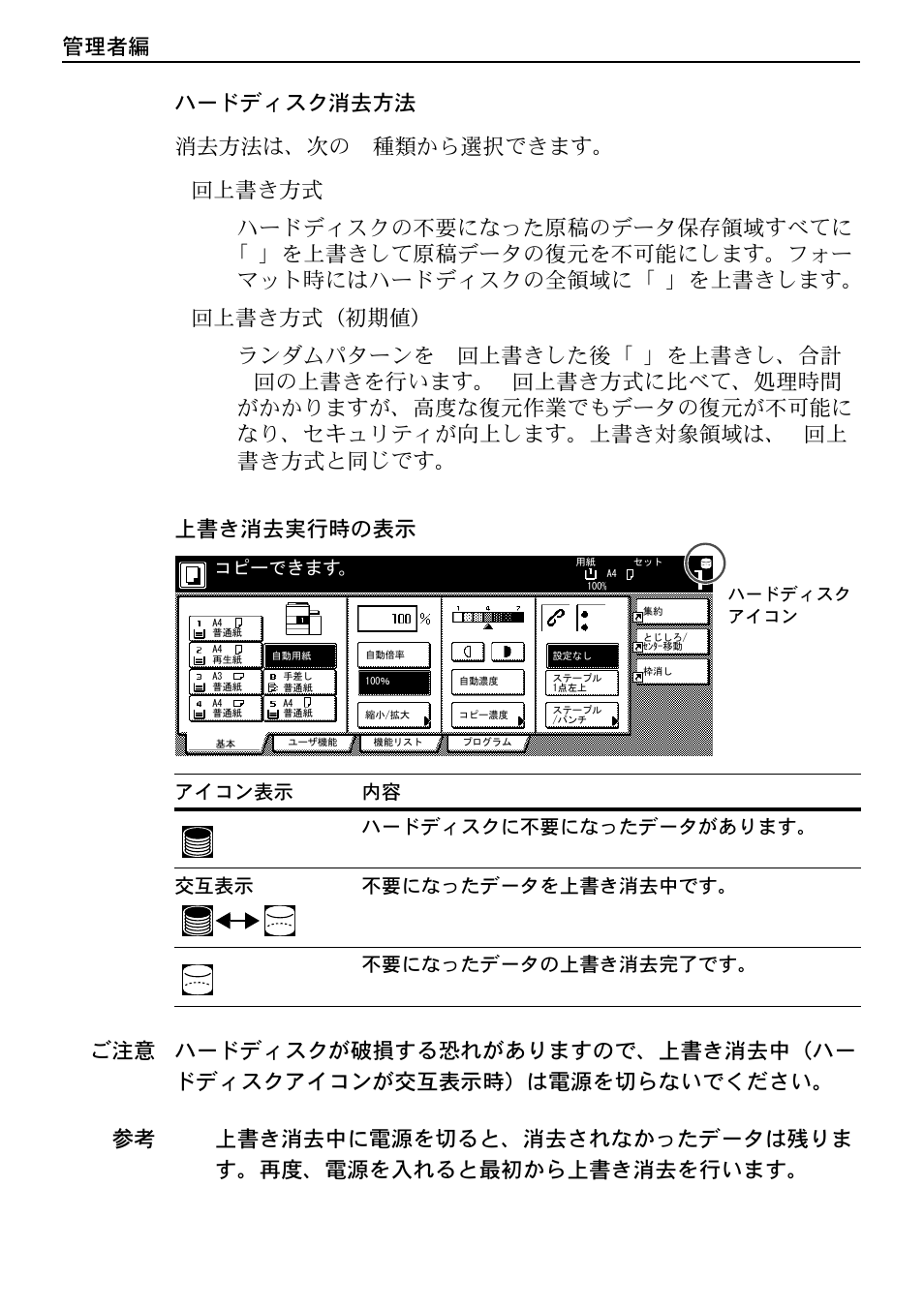 10 ページの上書き消去 実行時の表示を参, 管理者編, コピーできます | ハードディスク アイコン | Kyocera Data Security Kit (B) For Copier User Manual | Page 92 / 100