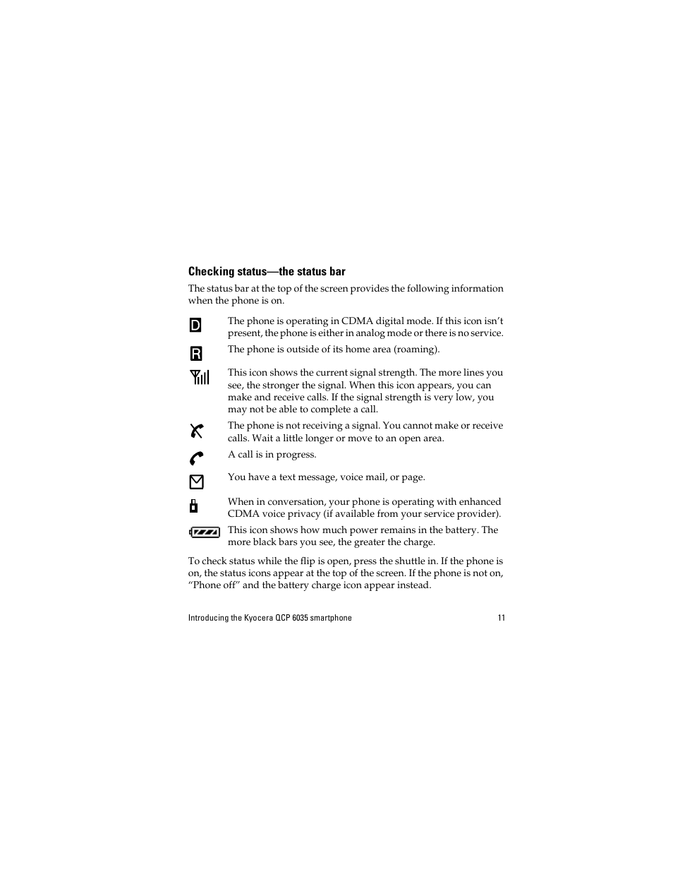 Checking status—the status bar | Kyocera QCP 6035 User Manual | Page 17 / 68