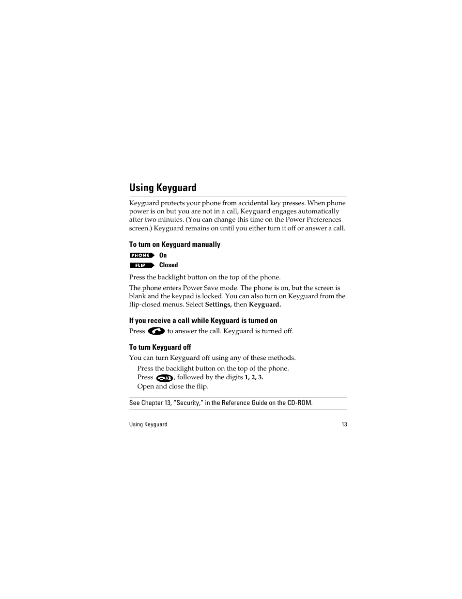 Using keyguard, To turn on keyguard manually, If you receive a call while keyguard is turned on | To turn keyguard off | Kyocera QCP 6035 User Manual | Page 19 / 68