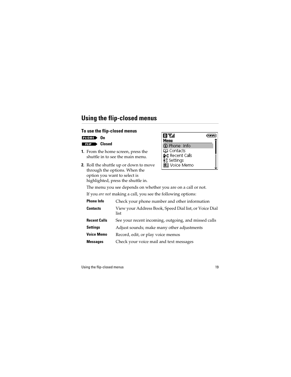 Using the flip-closed menus, To use the flip-closed menus | Kyocera QCP 6035 User Manual | Page 25 / 68