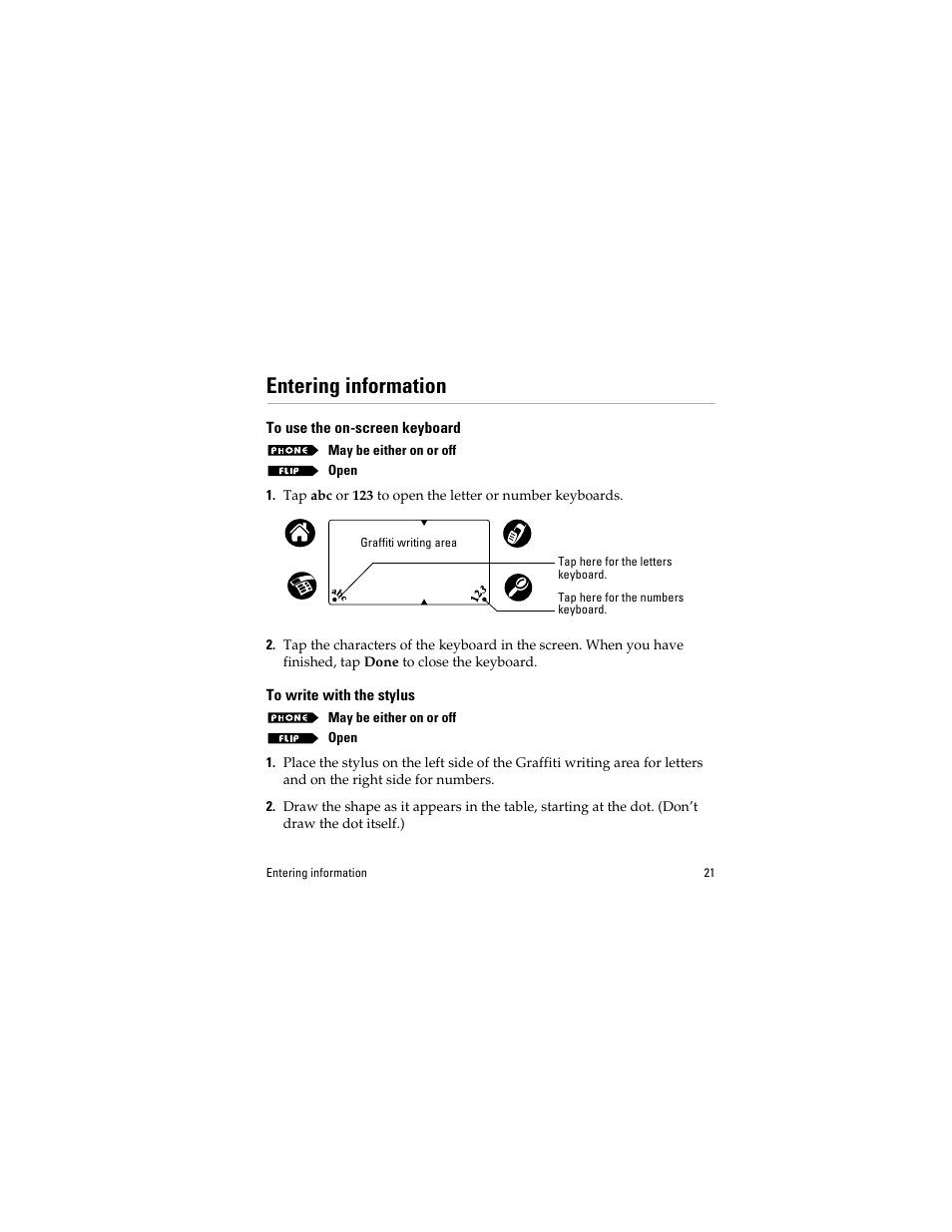 Entering information, To use the onscreen keyboard, To write with the stylus | Kyocera QCP 6035 User Manual | Page 27 / 68