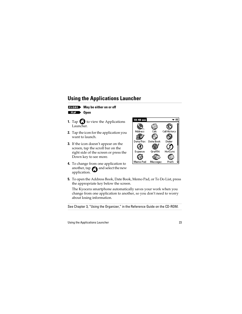 Using the applications launcher, Using the applications launcher . 23 | Kyocera QCP 6035 User Manual | Page 29 / 68