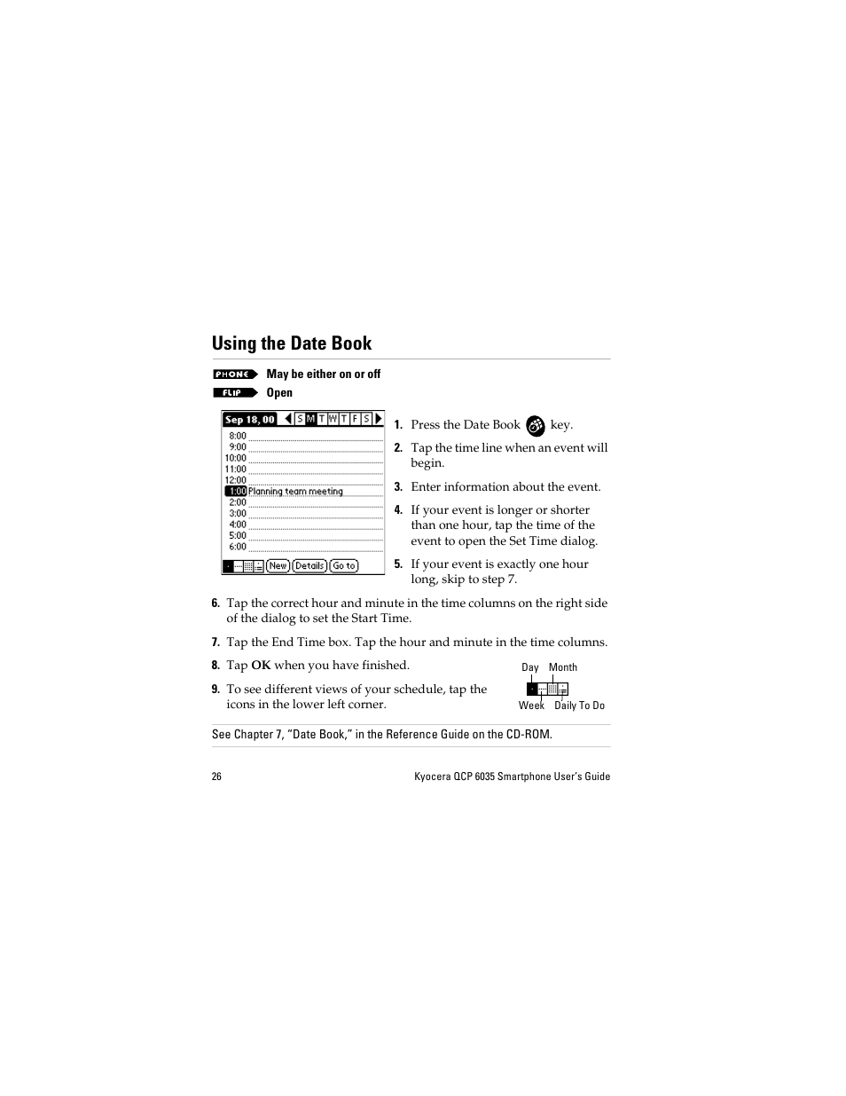 Using the date book | Kyocera QCP 6035 User Manual | Page 32 / 68