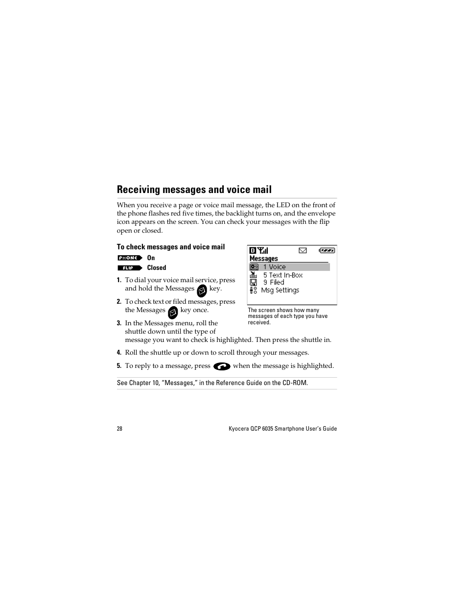 Receiving messages and voice mail, To check messages and voice mail, Receiving messages | And voice mail | Kyocera QCP 6035 User Manual | Page 34 / 68