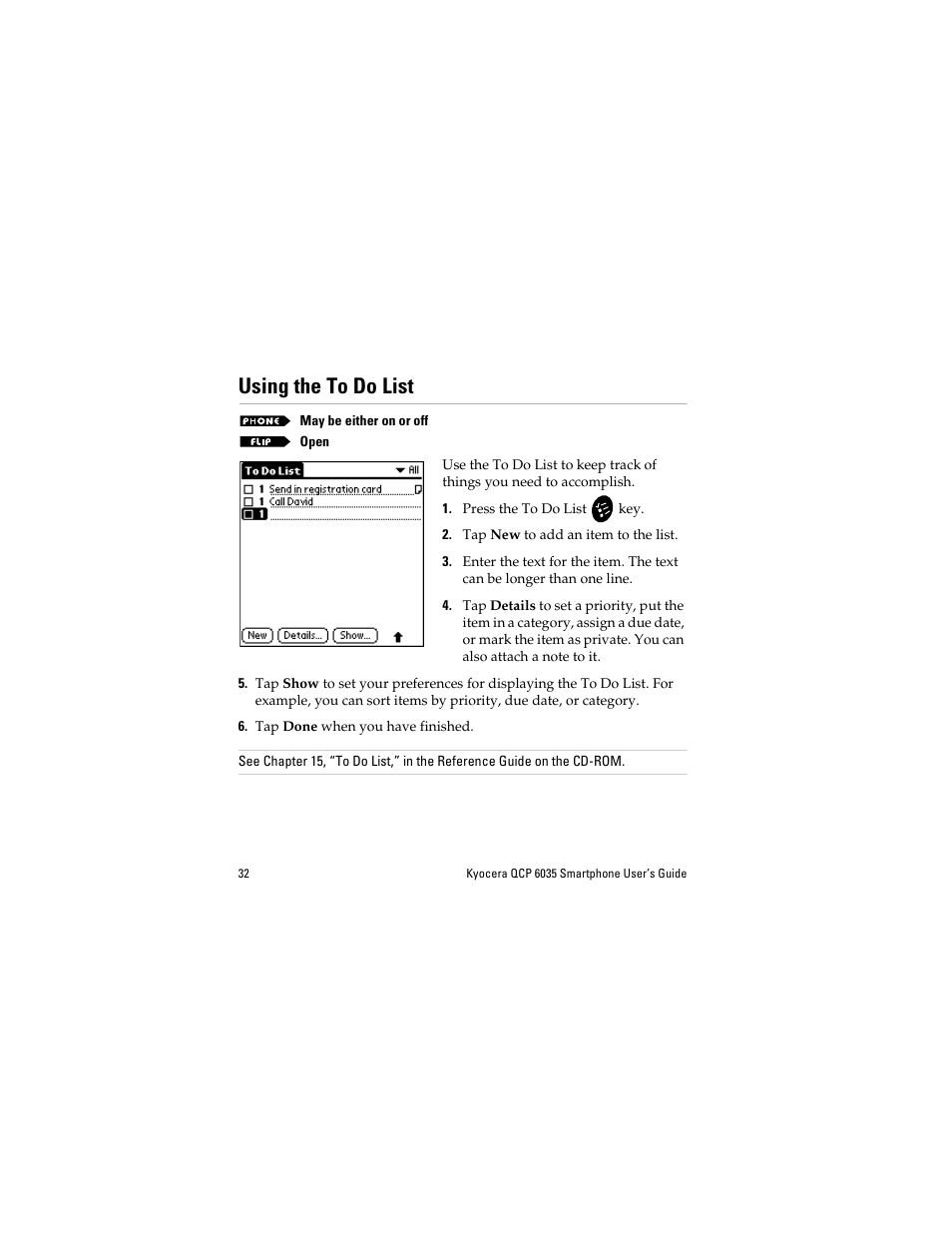 Using the to do list | Kyocera QCP 6035 User Manual | Page 38 / 68