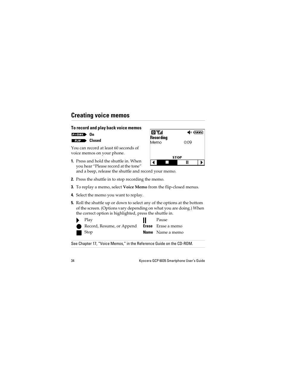 Creating voice memos, To record and play back voice memos | Kyocera QCP 6035 User Manual | Page 40 / 68