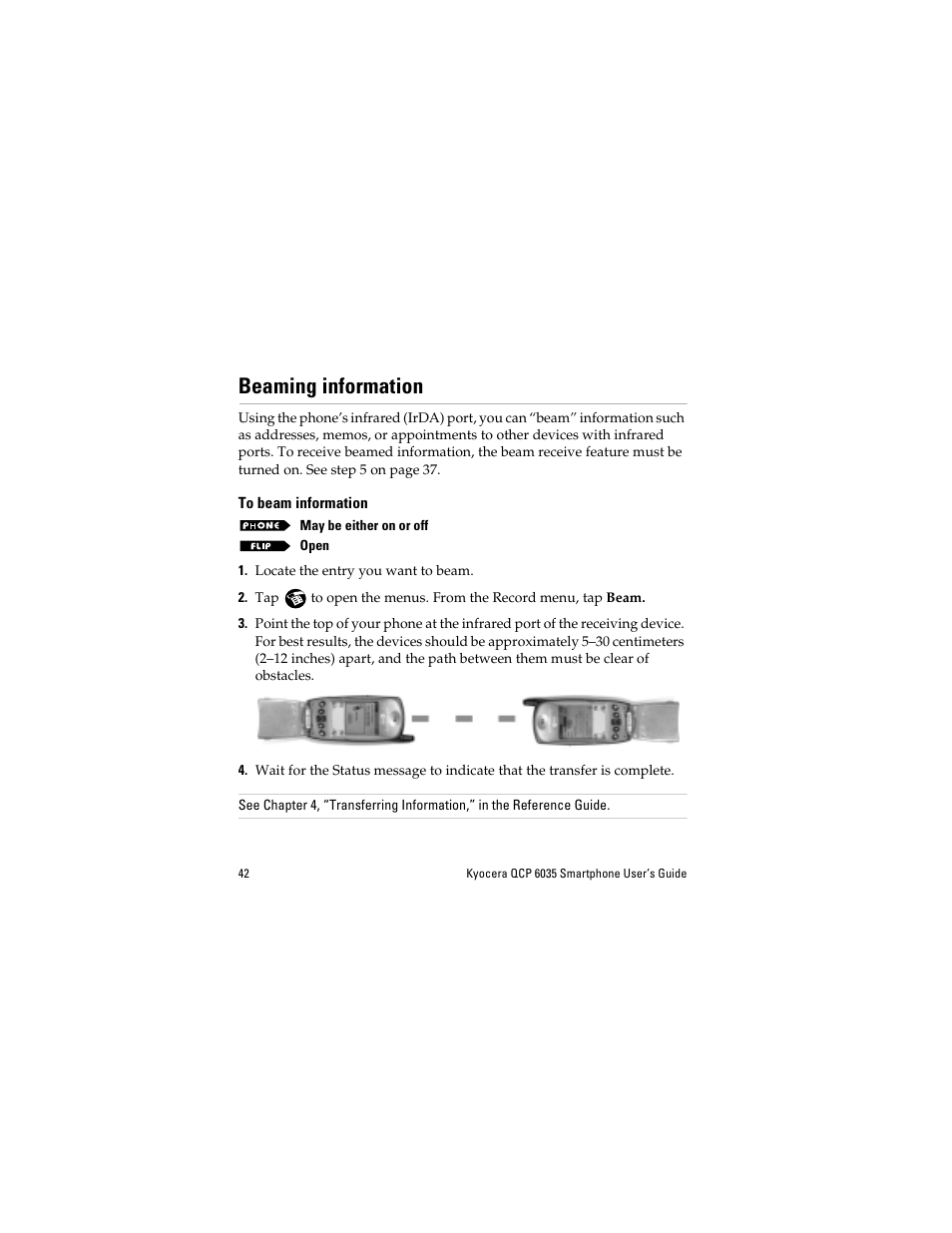 Beaming information, To beam information | Kyocera QCP 6035 User Manual | Page 48 / 68
