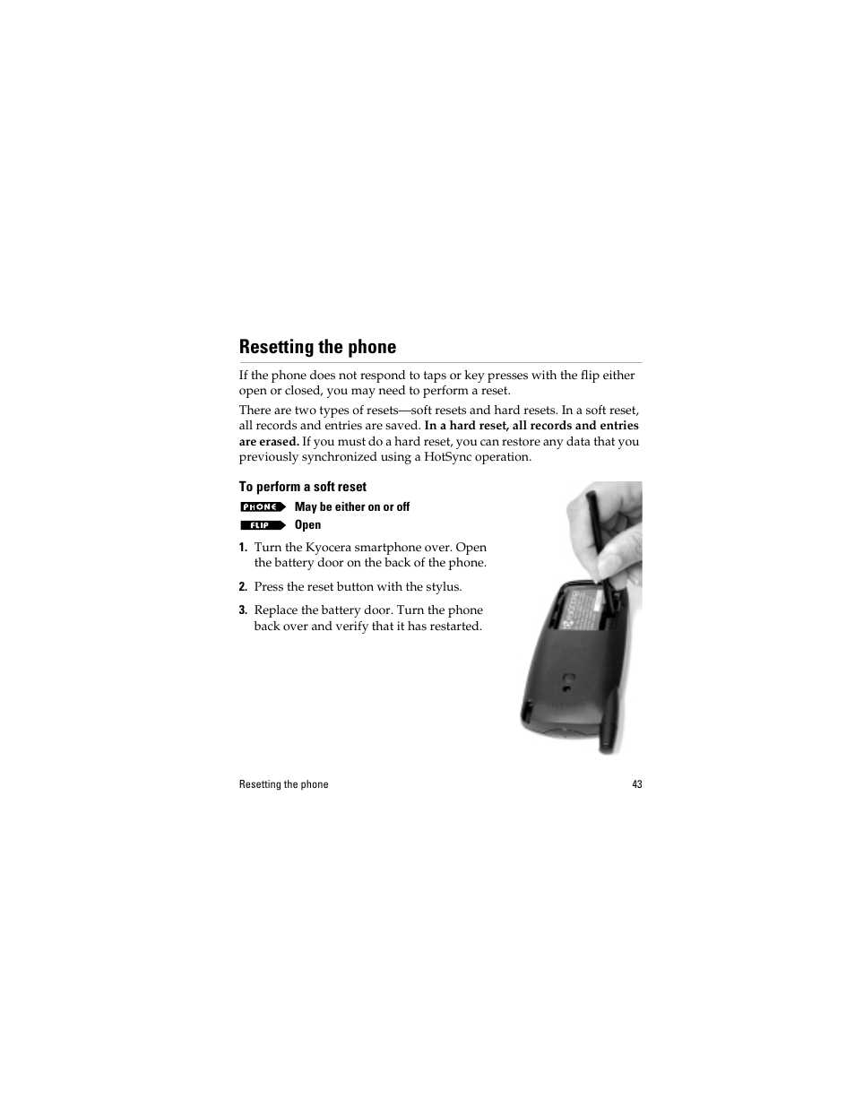 Resetting the phone, To perform a soft reset | Kyocera QCP 6035 User Manual | Page 49 / 68