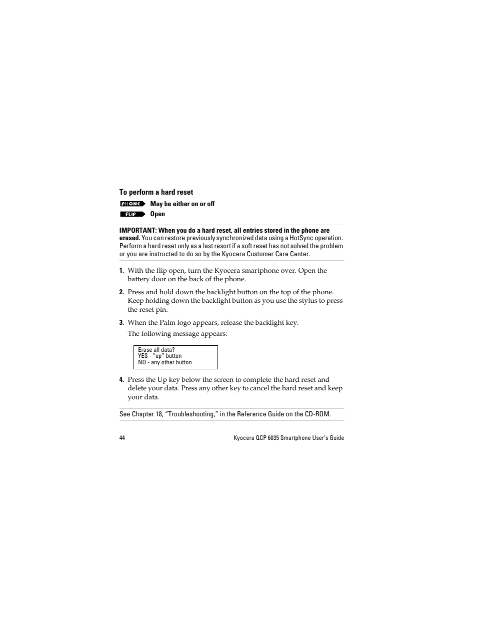 To perform a hard reset | Kyocera QCP 6035 User Manual | Page 50 / 68