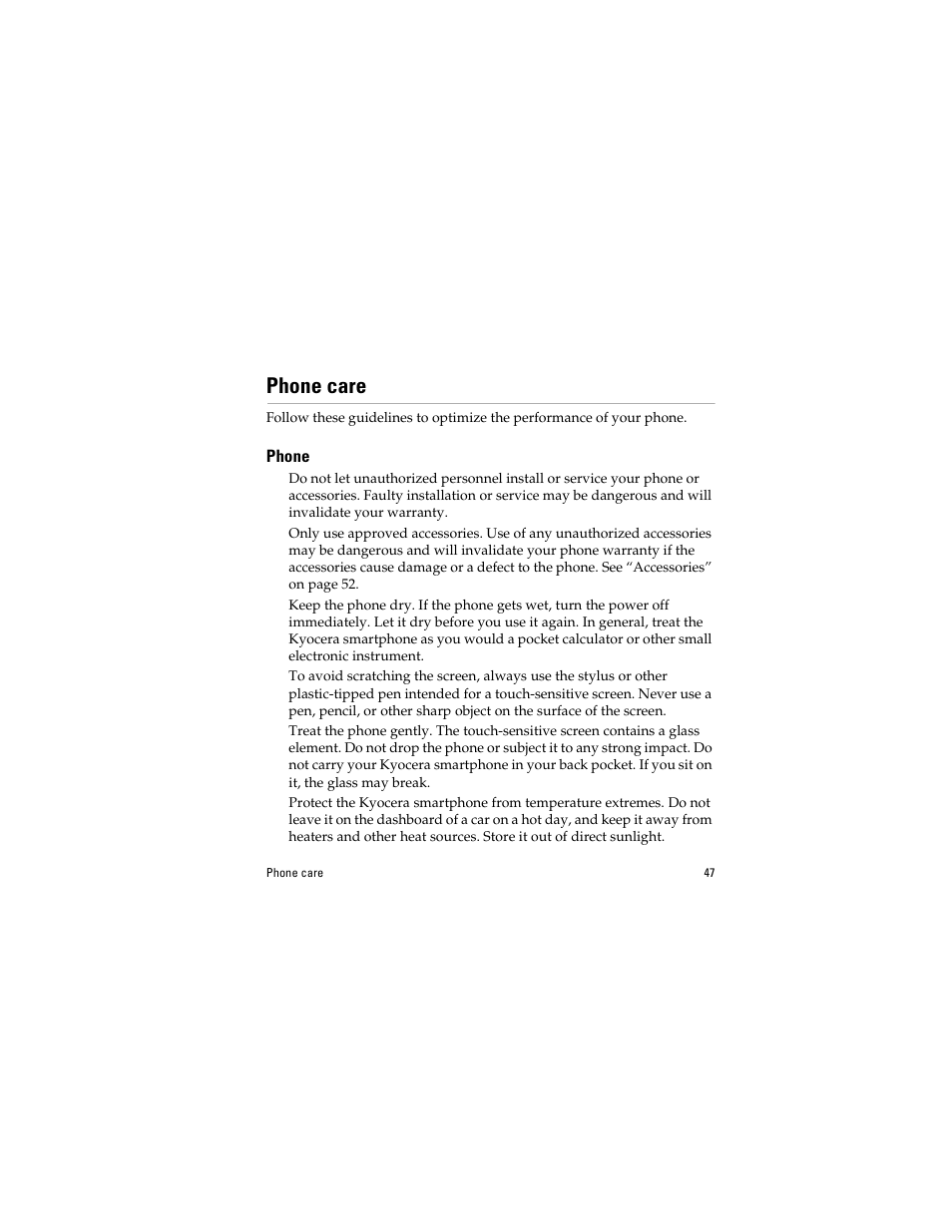 Phone care, Phone | Kyocera QCP 6035 User Manual | Page 53 / 68