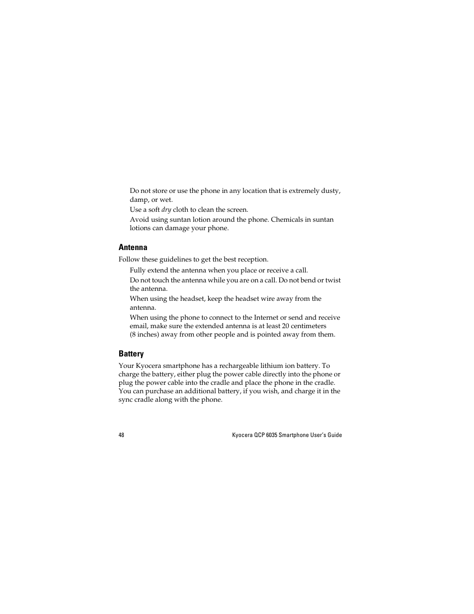 Antenna, Battery | Kyocera QCP 6035 User Manual | Page 54 / 68