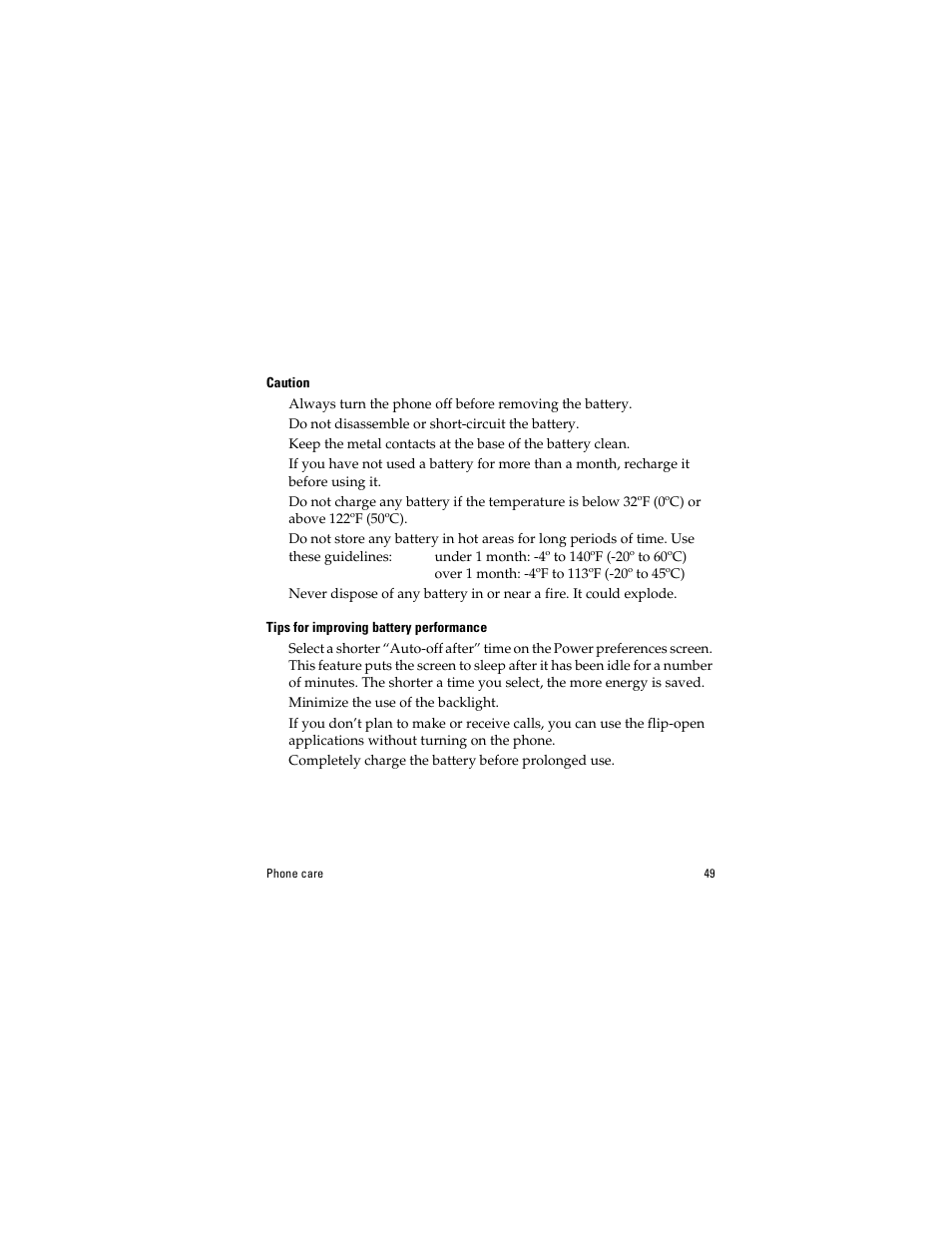 Caution, Tips for improving battery performance | Kyocera QCP 6035 User Manual | Page 55 / 68