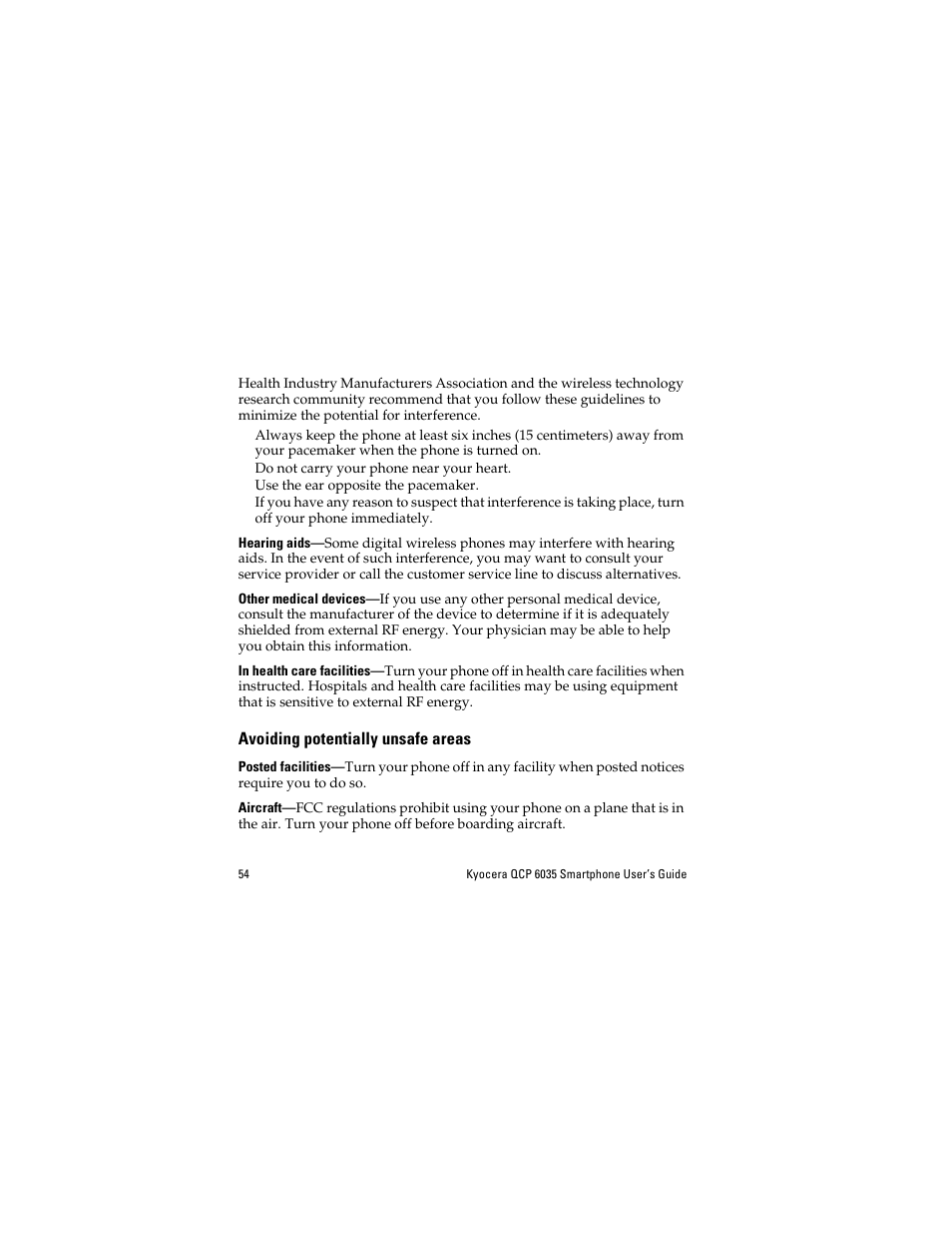 Hearing aids, Other medical devices, In health care facilities | Avoiding potentially unsafe areas, Posted facilities, Aircraft | Kyocera QCP 6035 User Manual | Page 60 / 68