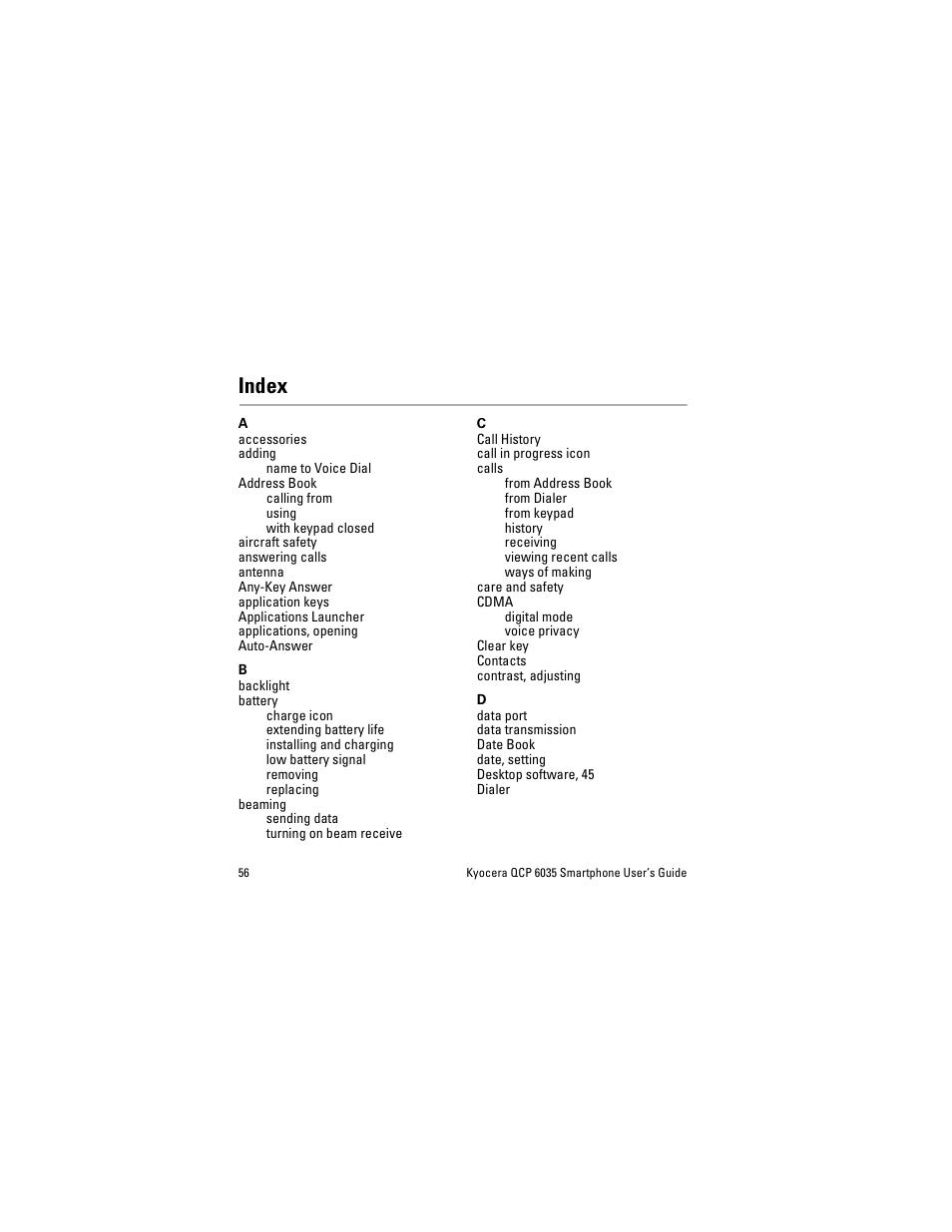 Index | Kyocera QCP 6035 User Manual | Page 62 / 68