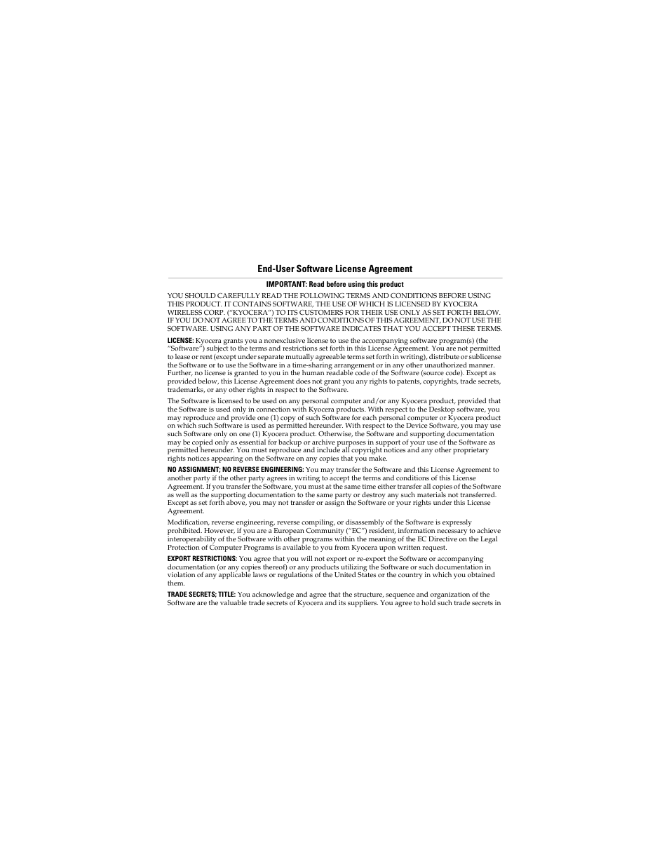 End-user software license agreement, Important: read before using this product, End-user software license | Agreement | Kyocera QCP 6035 User Manual | Page 66 / 68
