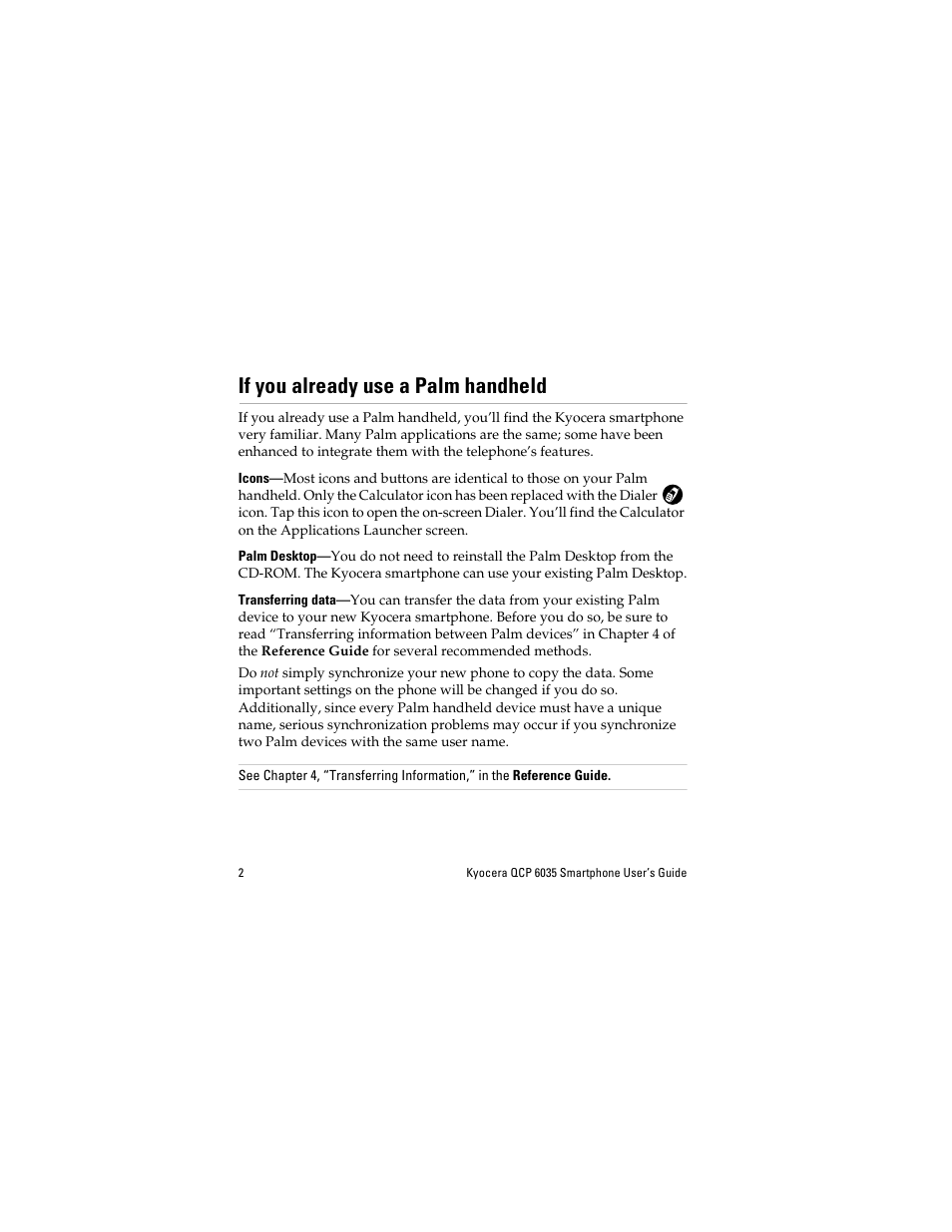 If you already use a palm handheld, Icons, Palm desktop | Transferring data, If you already use a palm handheld 2 | Kyocera QCP 6035 User Manual | Page 8 / 68