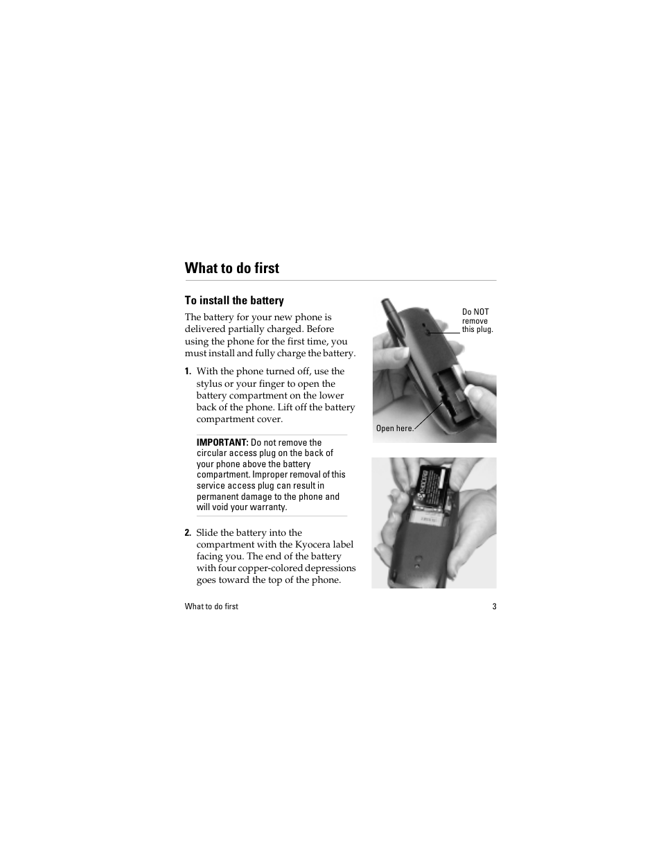 What to do first, To install the battery | Kyocera QCP 6035 User Manual | Page 9 / 68