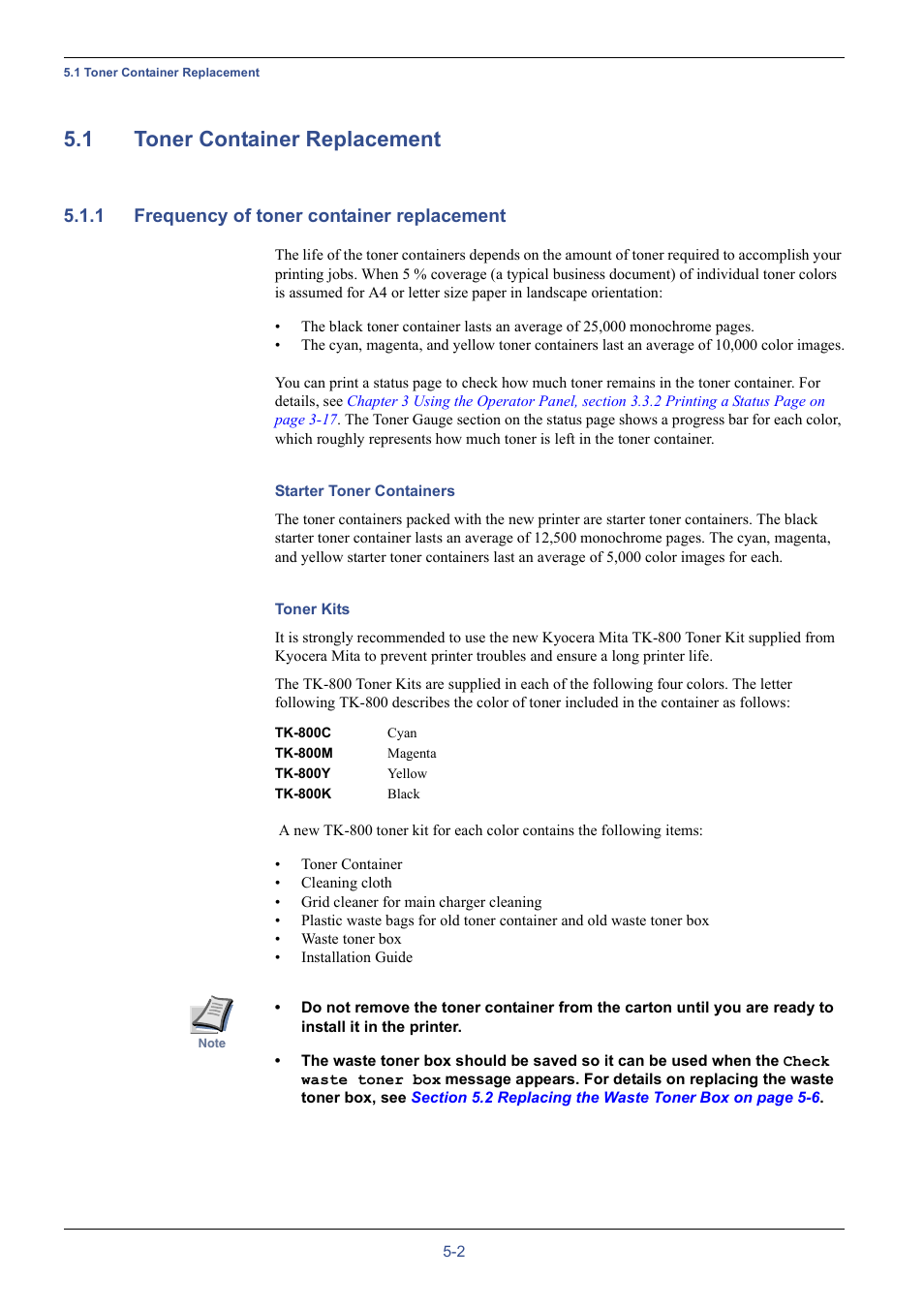 1 toner container replacement, 1 frequency of toner container replacement, Toner container replacement -2 | Frequency of toner container replacement -2, Chapter 5 maintenance, section 5.1 | Kyocera WP31C User Manual | Page 170 / 214