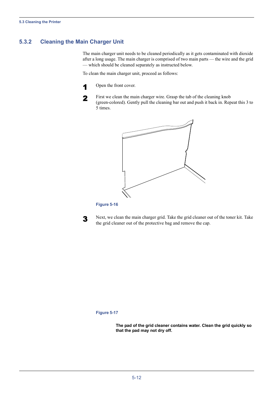 2 cleaning the main charger unit, Cleaning the main charger unit -12, Chapter 5 maintenance, section 5.3.2 cleaning | Kyocera WP31C User Manual | Page 180 / 214