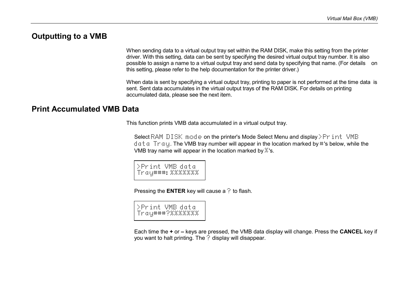 Outputting to a vmb, Print accumulated vmb data | Kyocera DP-3600 User Manual | Page 103 / 250