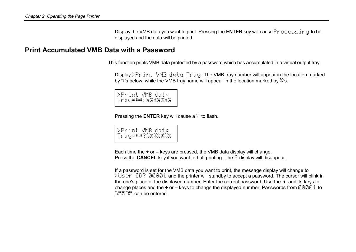 Print accumulated vmb data with a password | Kyocera DP-3600 User Manual | Page 104 / 250