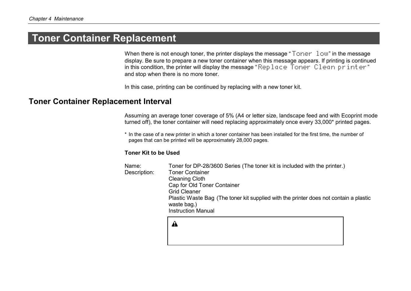 Toner container replacement, Toner container replacement interval | Kyocera DP-3600 User Manual | Page 146 / 250
