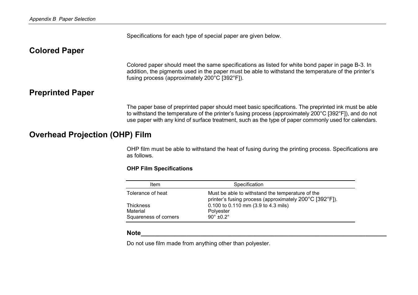 B-10, Colored paper, Preprinted paper | Overhead projection (ohp) film | Kyocera DP-3600 User Manual | Page 218 / 250