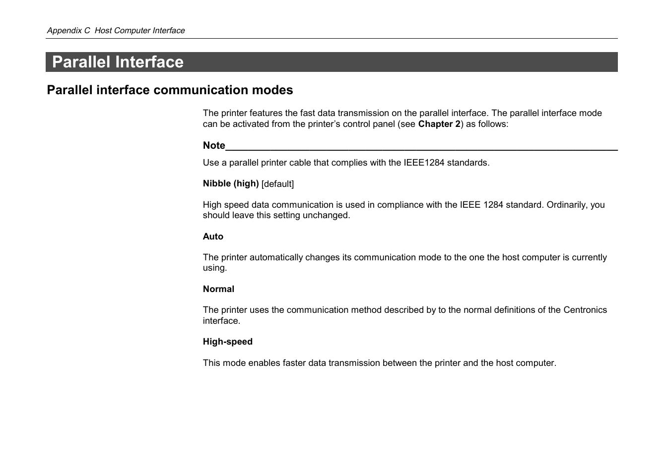 Parallel interface, Parallel interface communication modes | Kyocera DP-3600 User Manual | Page 223 / 250