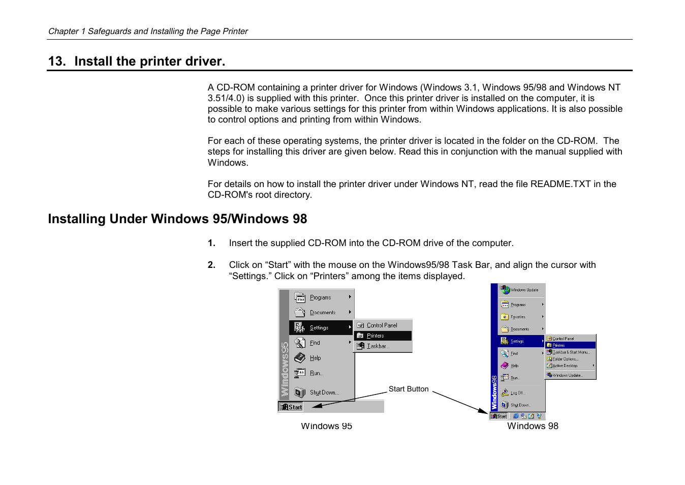 Install the printer driver, Installing under windows 95/windows 98 | Kyocera DP-3600 User Manual | Page 51 / 250