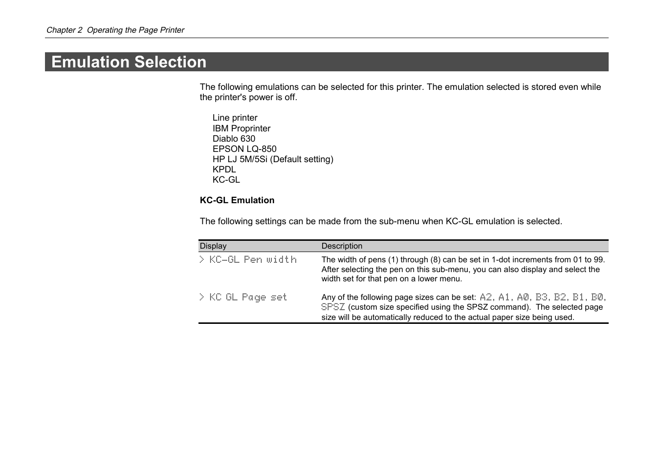 Emulation selection | Kyocera DP-3600 User Manual | Page 96 / 250