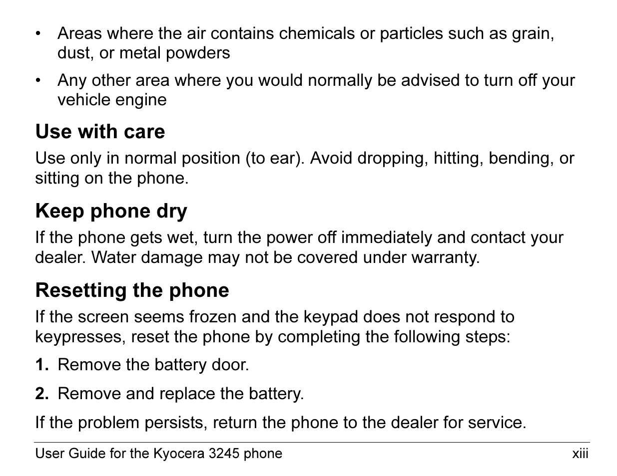 Use with care, Keep phone dry, Resetting the phone | Kyocera 3245 User Manual | Page 13 / 146