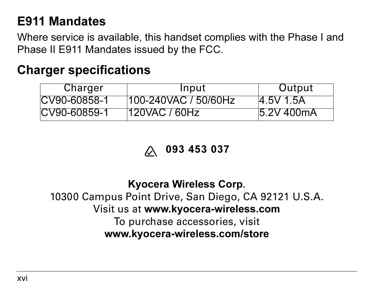 E911 mandates, Charger specifications | Kyocera 3245 User Manual | Page 16 / 146
