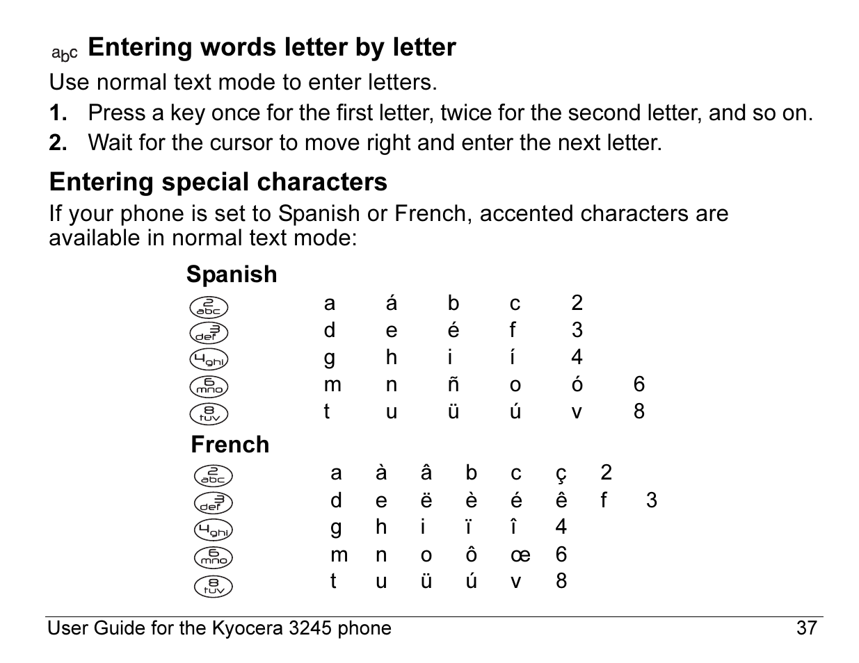 Entering words letter by letter, Entering special characters | Kyocera 3245 User Manual | Page 57 / 146