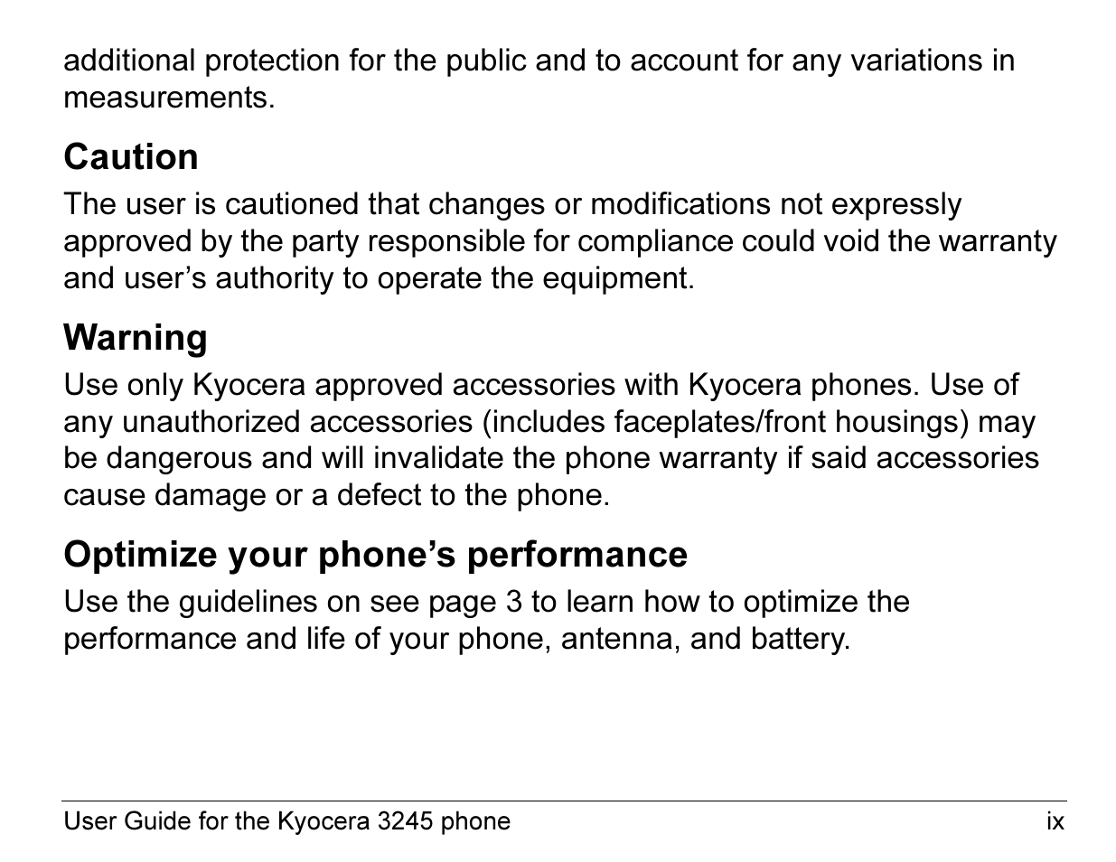Caution, Warning, Optimize your phone’s performance | Kyocera 3245 User Manual | Page 9 / 146
