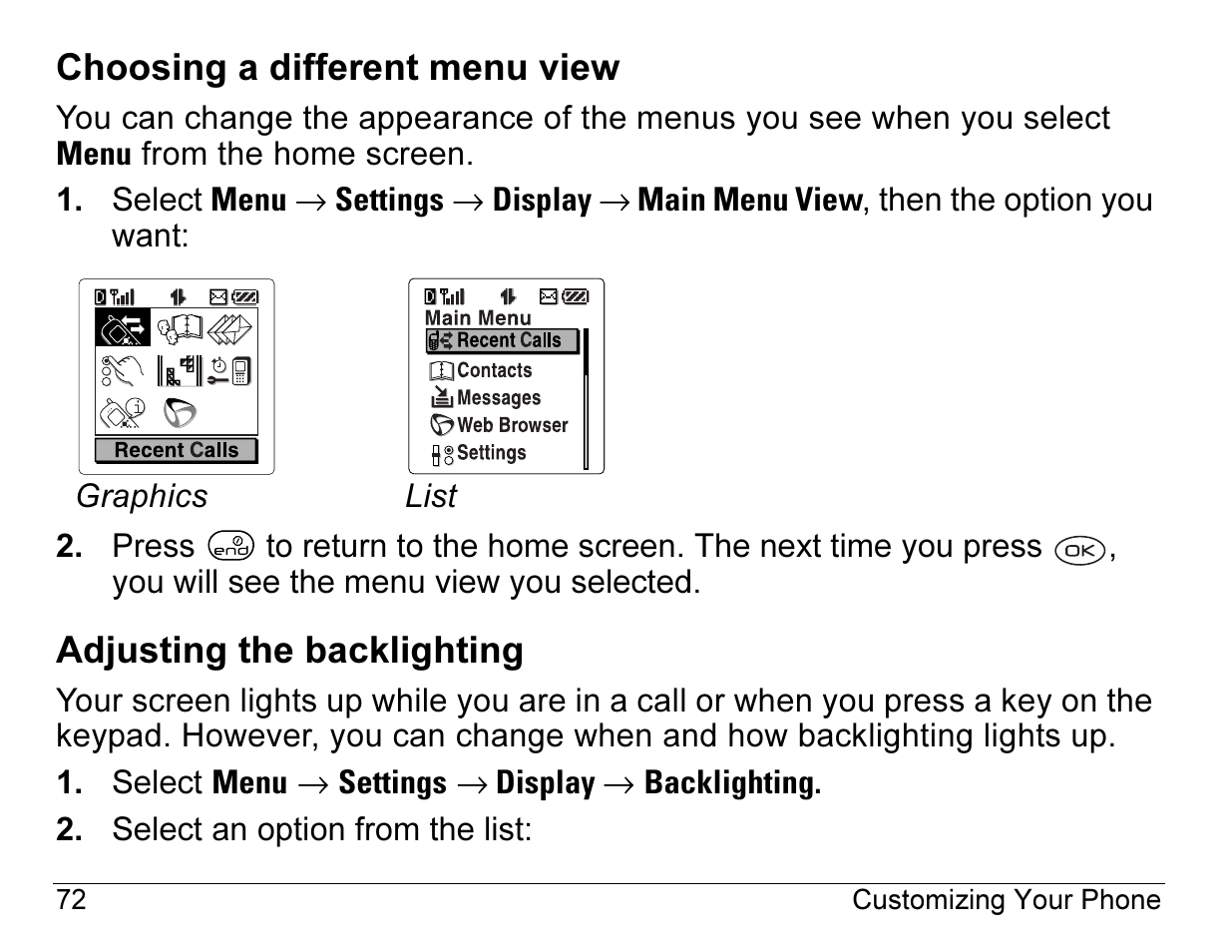 Choosing a different menu view, Adjusting the backlighting | Kyocera 3245 User Manual | Page 92 / 146
