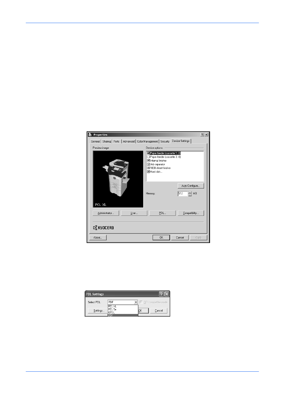 Language preference selection, Pdl settings, Page description language (pdl) | Kyocera FS-820 User Manual | Page 17 / 105