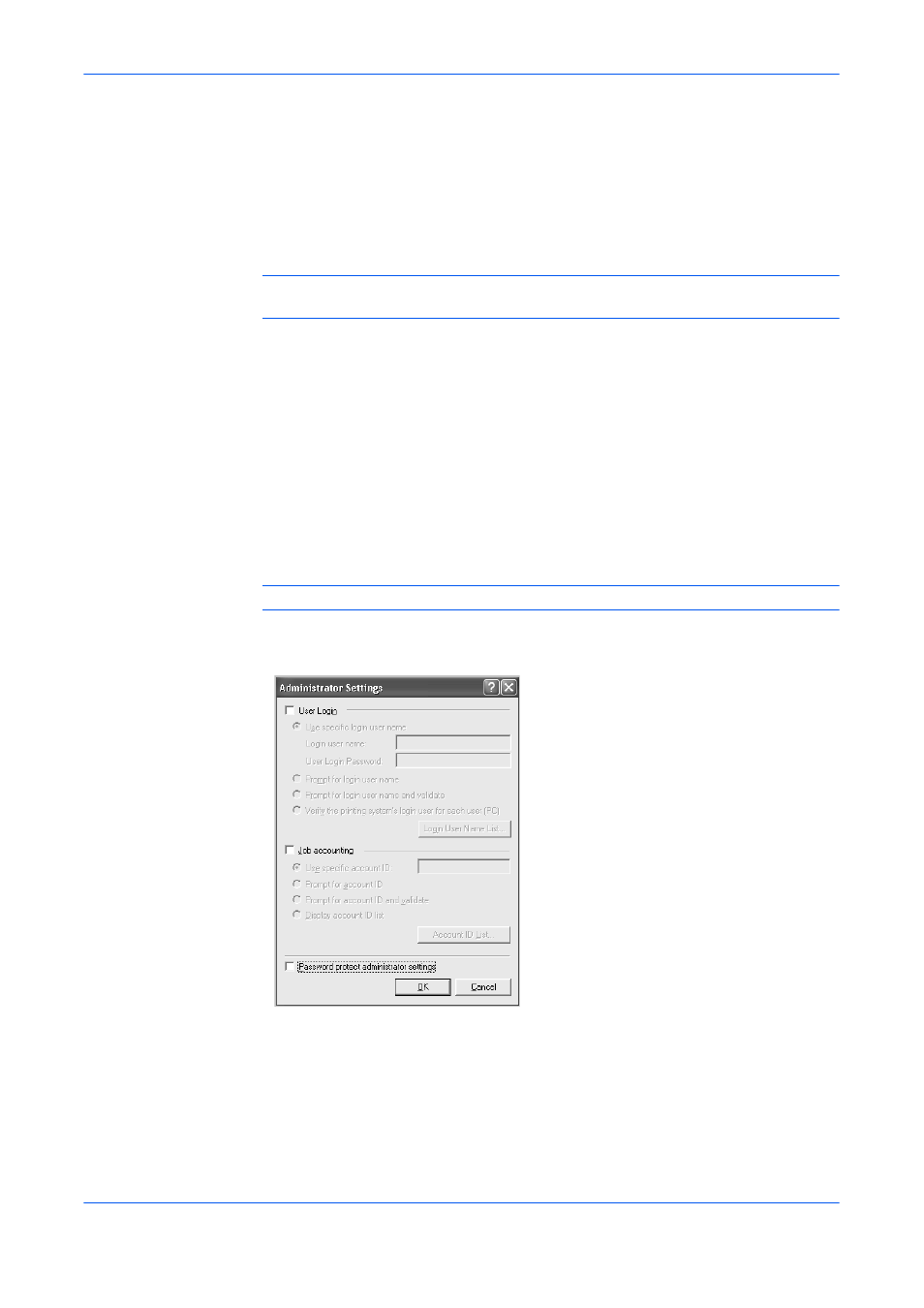 Administrator settings, User login | Kyocera FS-820 User Manual | Page 21 / 105