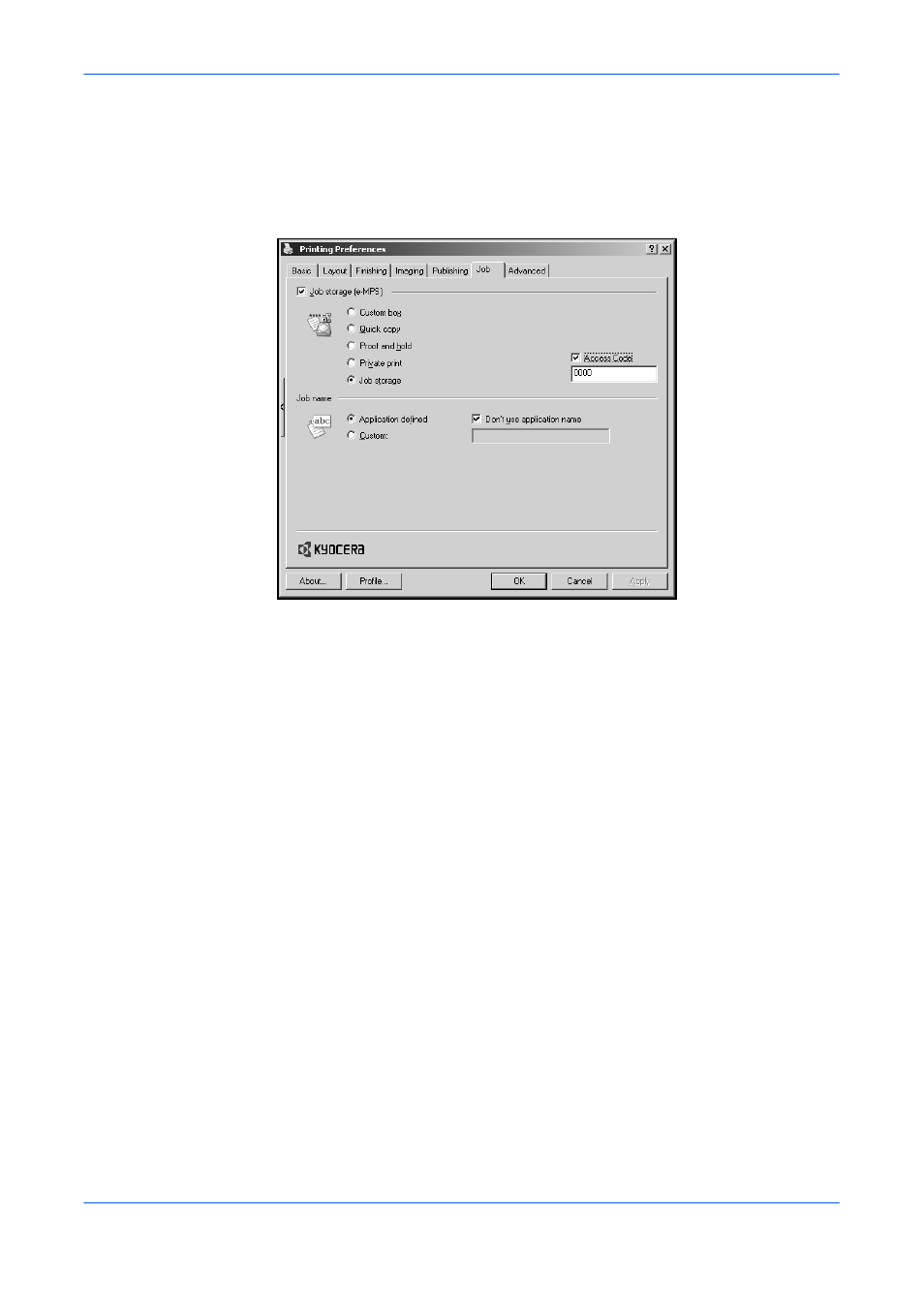 Job storage, Print jobs saved using job storage | Kyocera FS-820 User Manual | Page 73 / 105