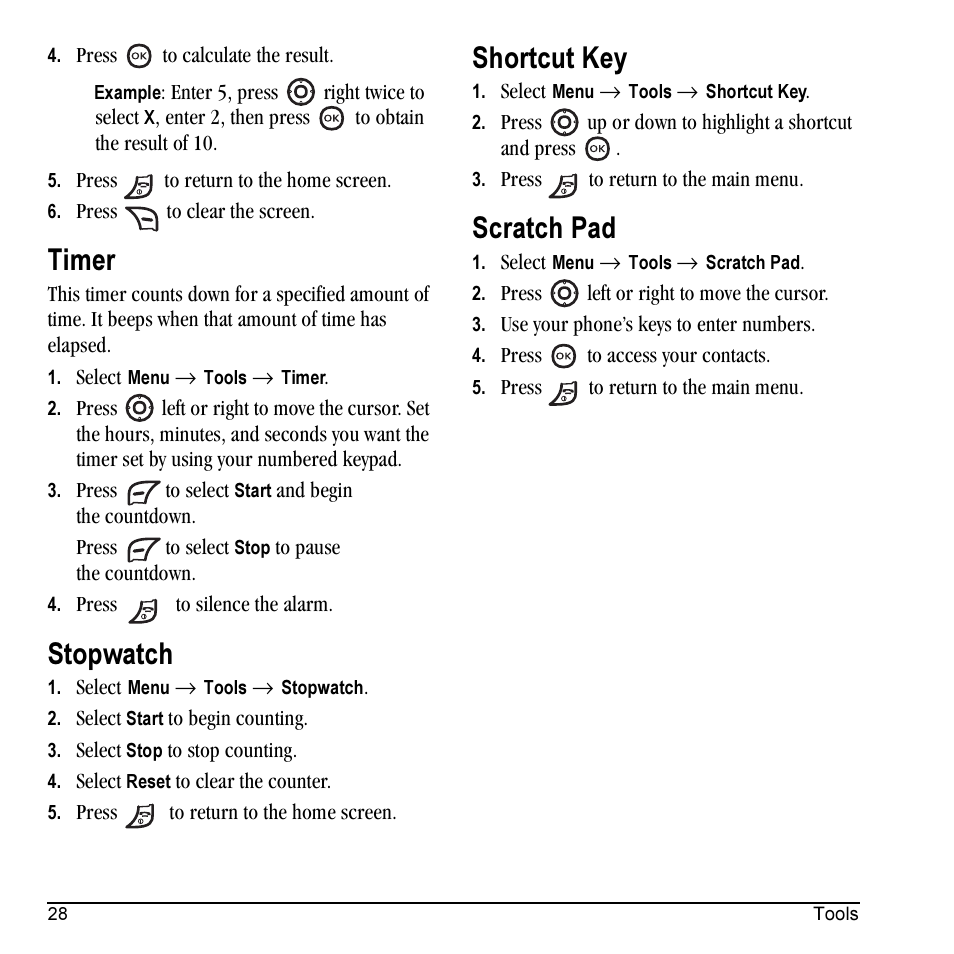 Timer, Stopwatch, Shortcut key | Scratch pad | Kyocera Topaz 901 User Manual | Page 34 / 40