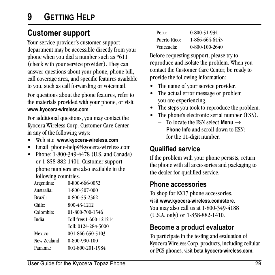 Customer support, Etting, Qualified service | Phone accessories, Become a product evaluator | Kyocera Topaz 901 User Manual | Page 35 / 40